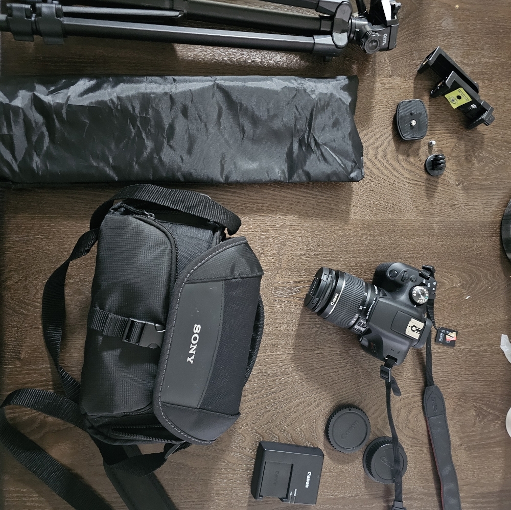 Canon - EOS Rebel T7 DSLR Video Camera with 8-55mm Lense - Black and accessories
